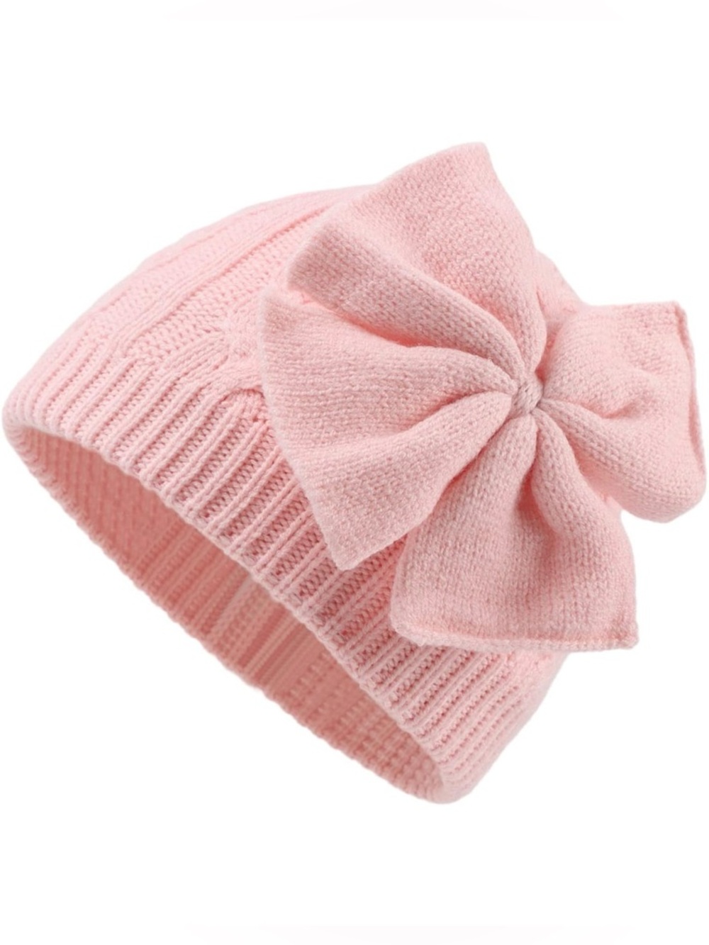 Pink Knit Beanie with Bow – Soft Cable Knit Winter Hat